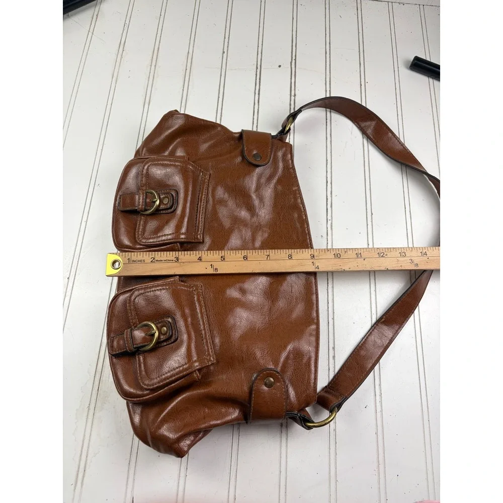 Vintage Y2K Brown Faux Leather Buckle Rustic Hobo Boho Shoulder Bag Purse
